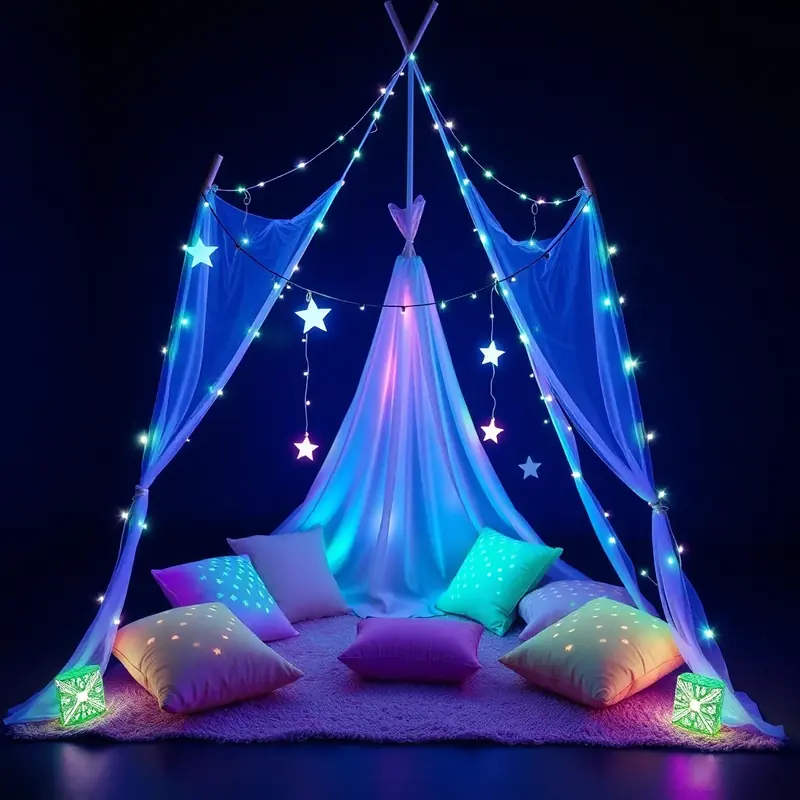 Glow in the Dark party teepee Roma - luci neon e cuscini fluorescenti per bambini