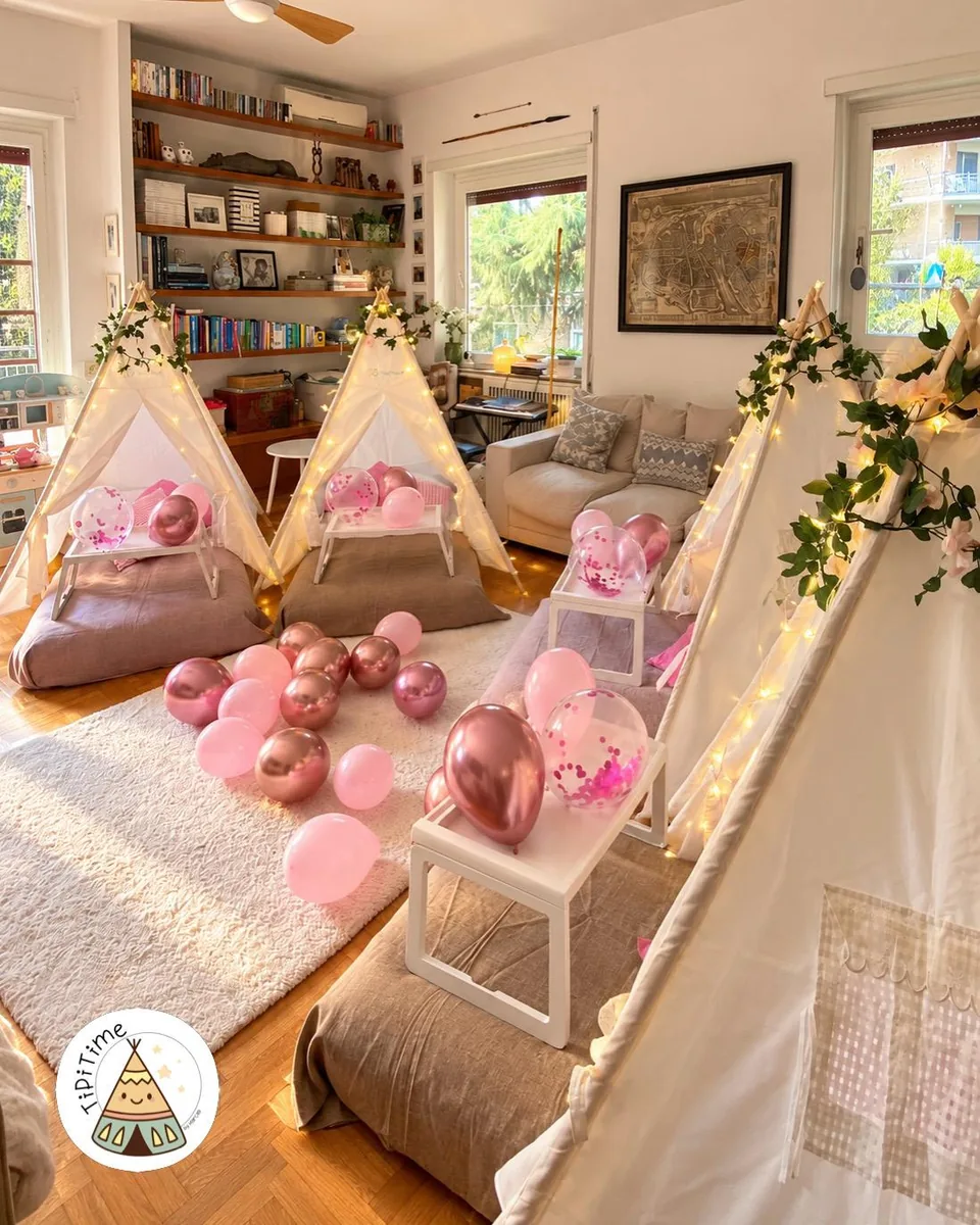 Allestimento TipiTime con tende bianche, luci e palloncini rosa